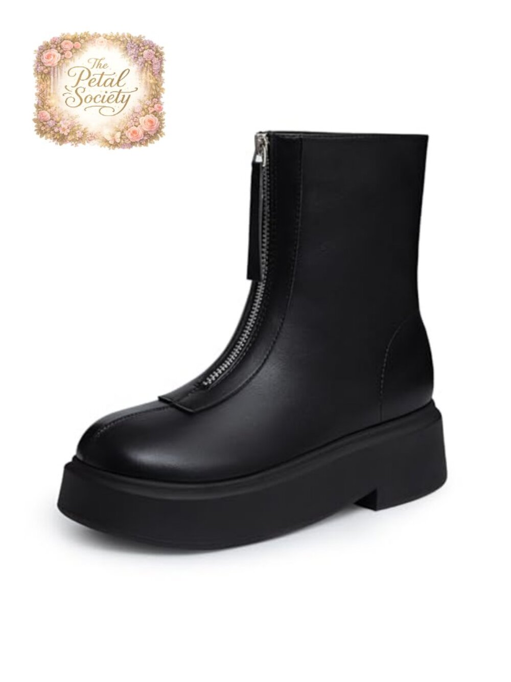 Platform Ankle Boots Faux Leather Round Toe Front Zip Chunky Low Heel